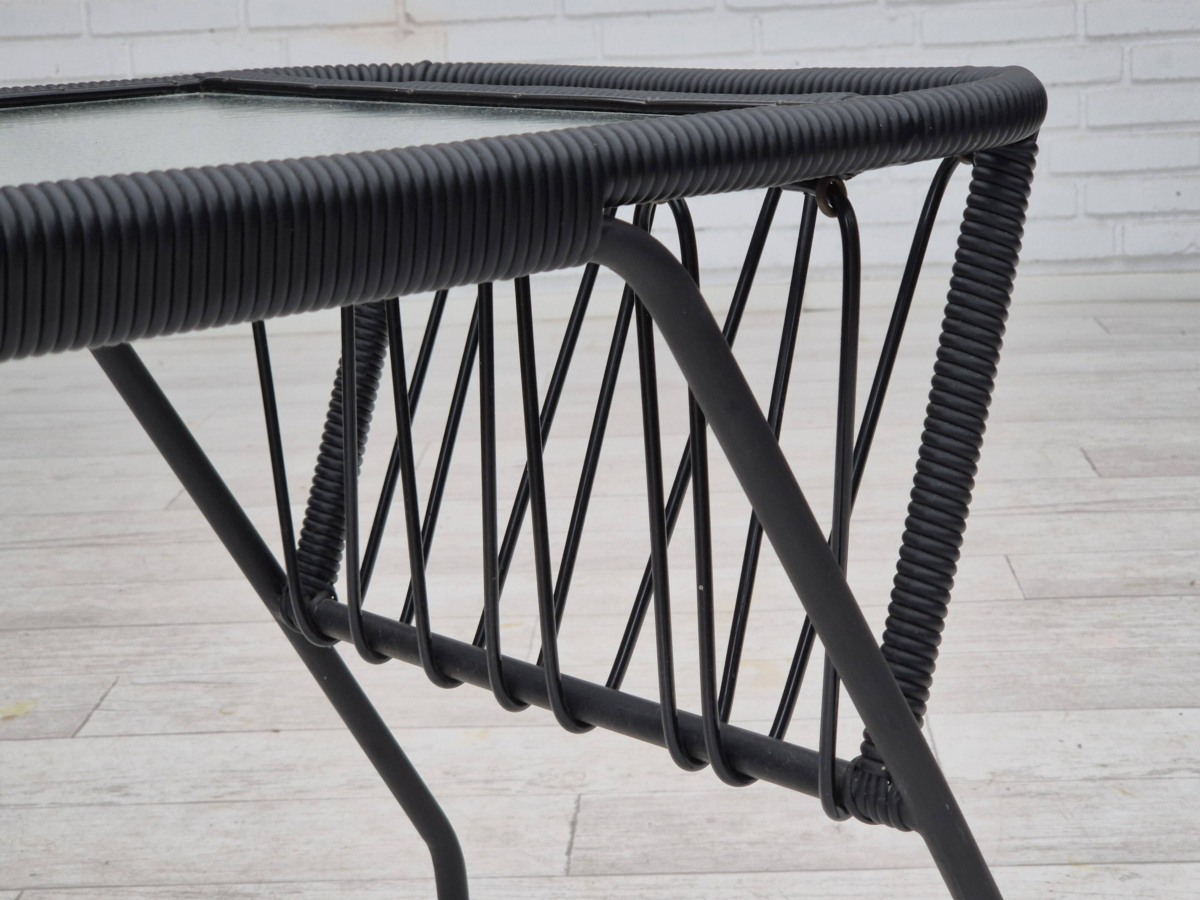 1970s, Scandinavian side table, original condition, glass, wood, metal, plastic rope.