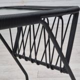 1970s, Scandinavian side table, original condition, glass, wood, metal, plastic rope.