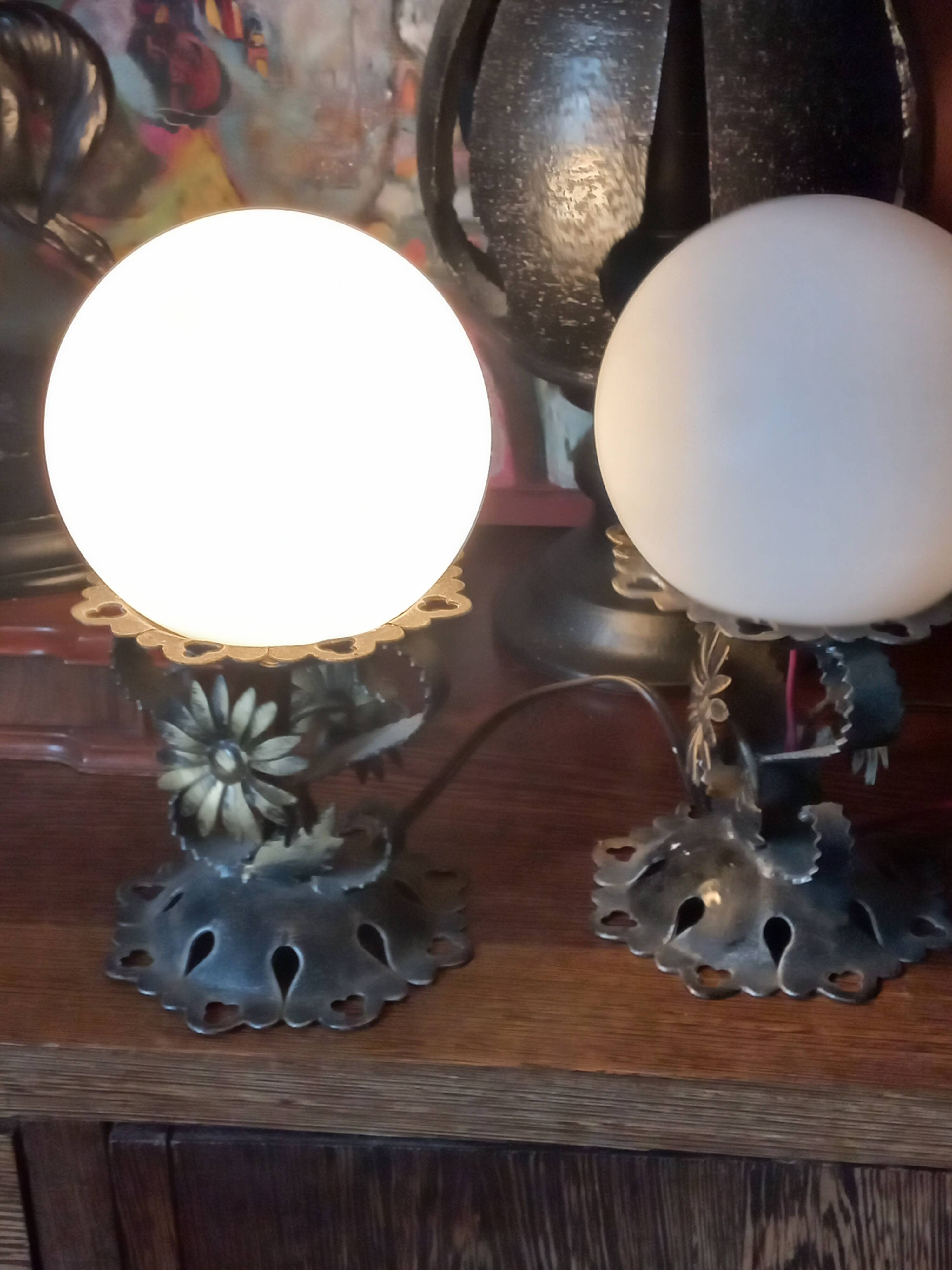 Pair of vintage wrought iron and opaline lamps from the 1960s.
