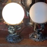 Pair of vintage wrought iron and opaline lamps from the 1960s.