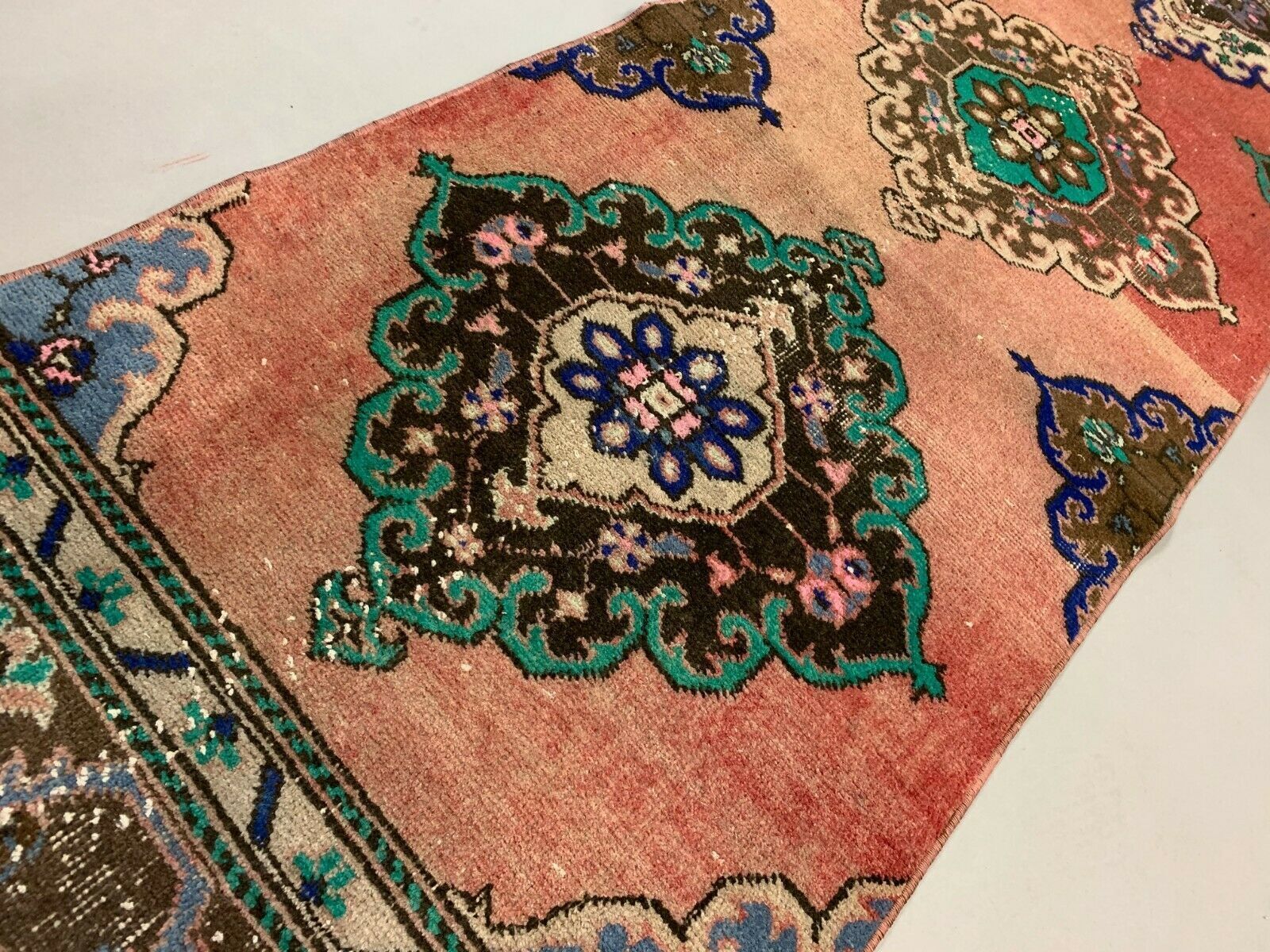 Distressed Turkish Runner 380x72 cm wool Vintage Tribal Rug Pink Green