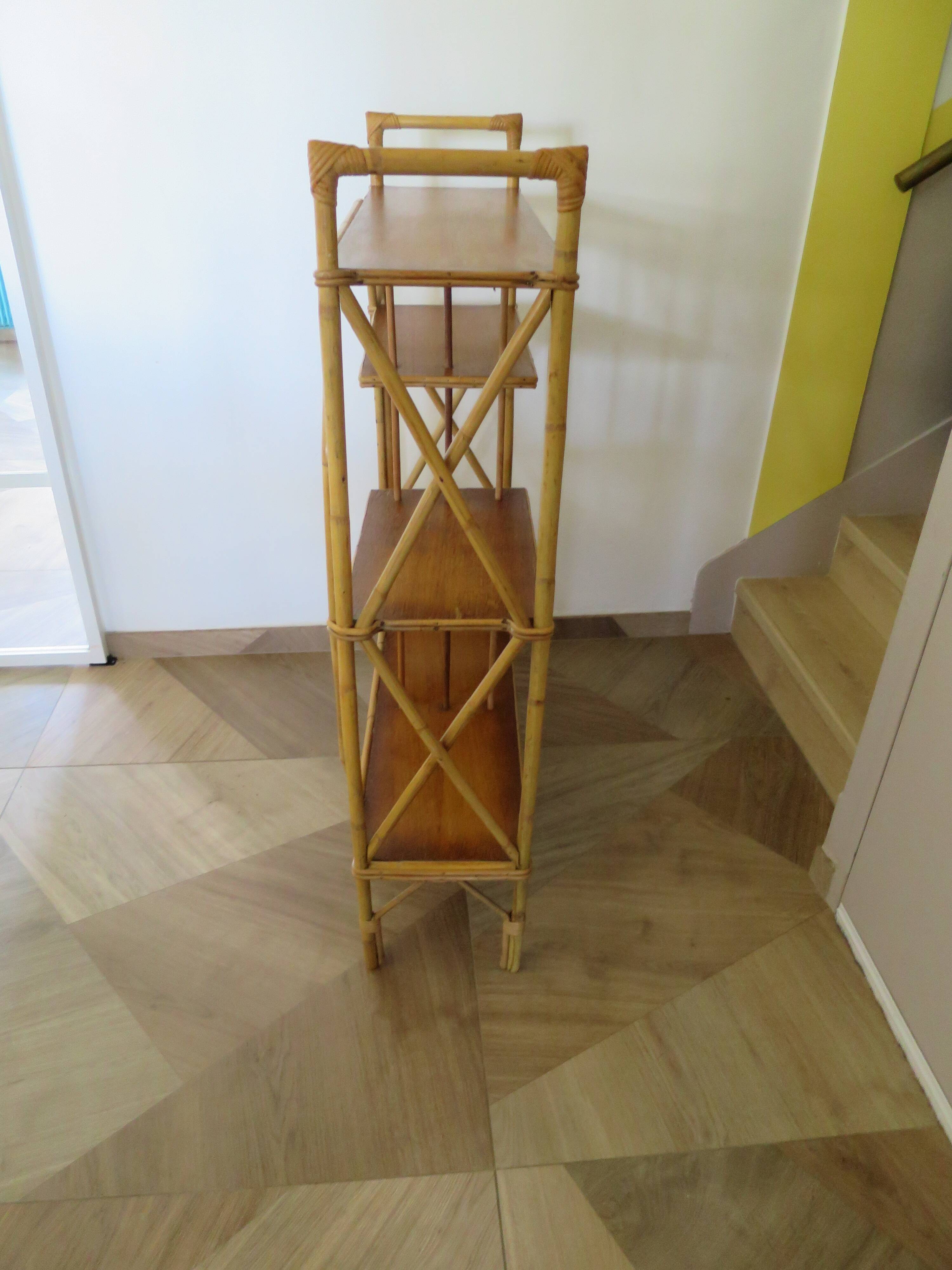 vintage -étagère-bibliotheque-bibus-asymétrique-bambou-bois-rotin-années 60