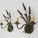 Paire d'appliques murales épis de blé ancienne en métal vert et or