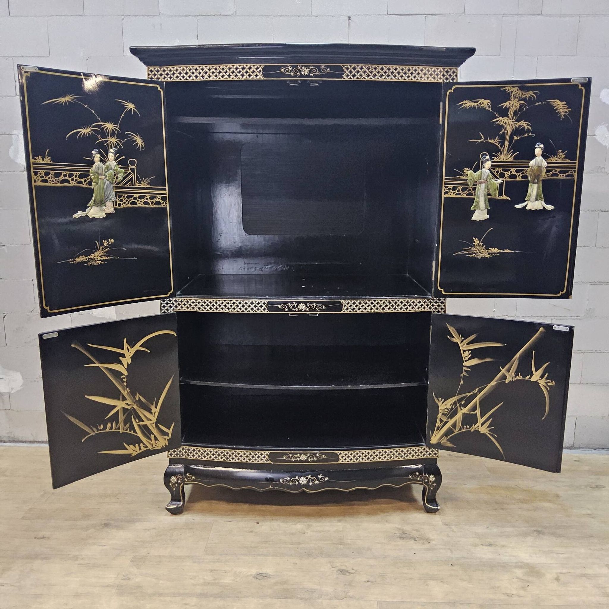 Vintage Chinese black lacquer cabinet soapstone, mother-of-pearl bohemia
