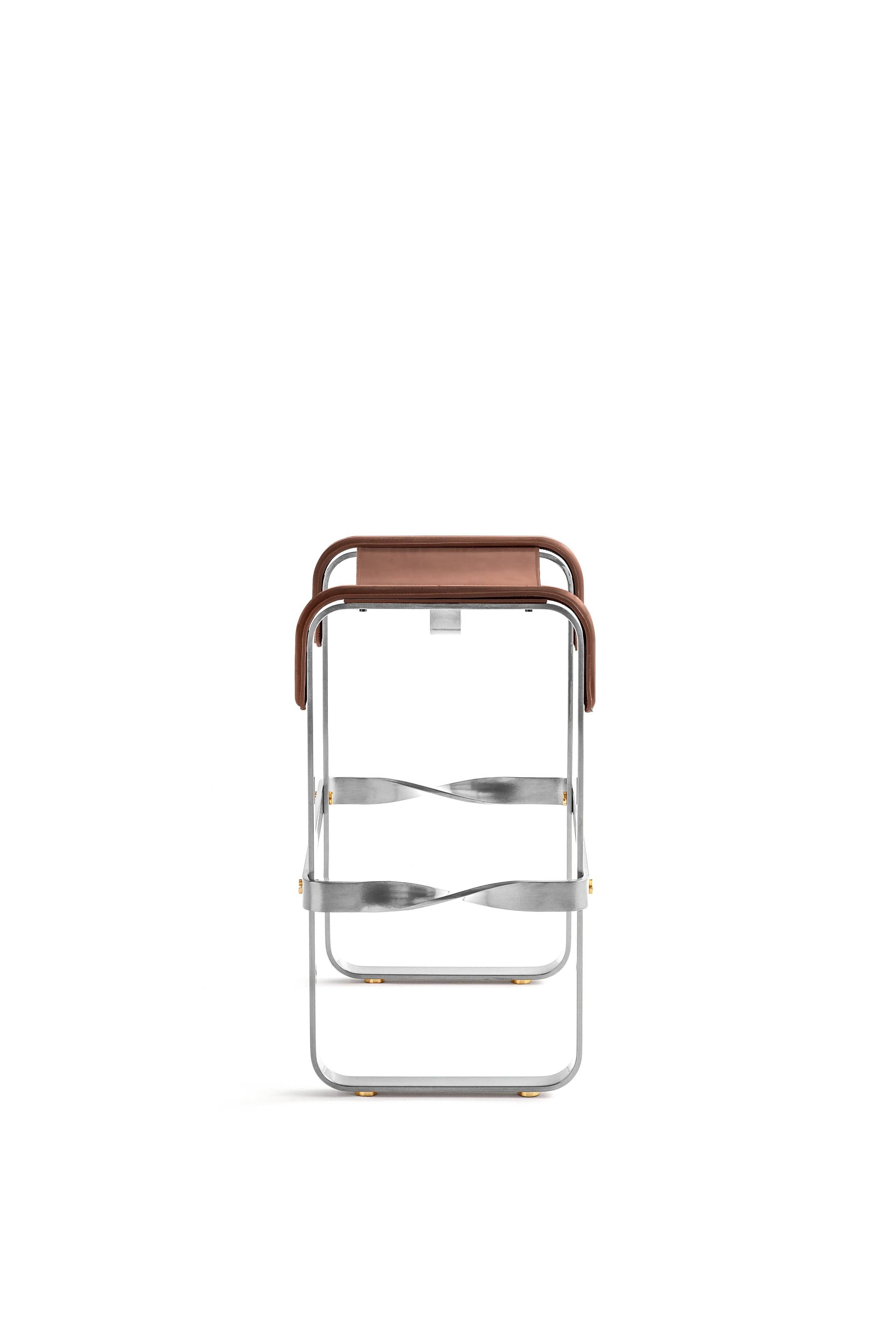 Contemporary Classic Bar Stool in Aged Silver Metal and Dark Brown Leather