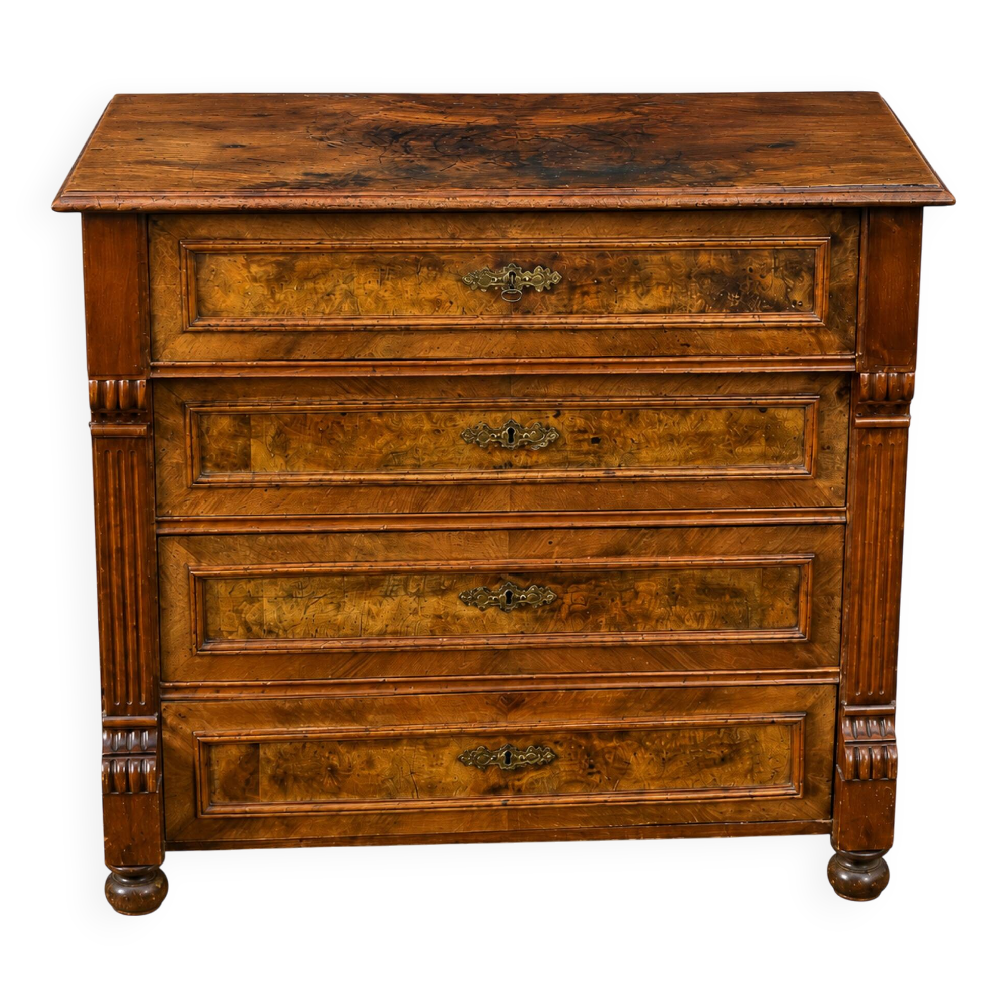 Commode ancienne 4 tiroirs style Louis-Philippe Bois et ronce de Noyer