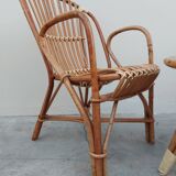 Set bench table and two armchairs in rattan 1950 vintage