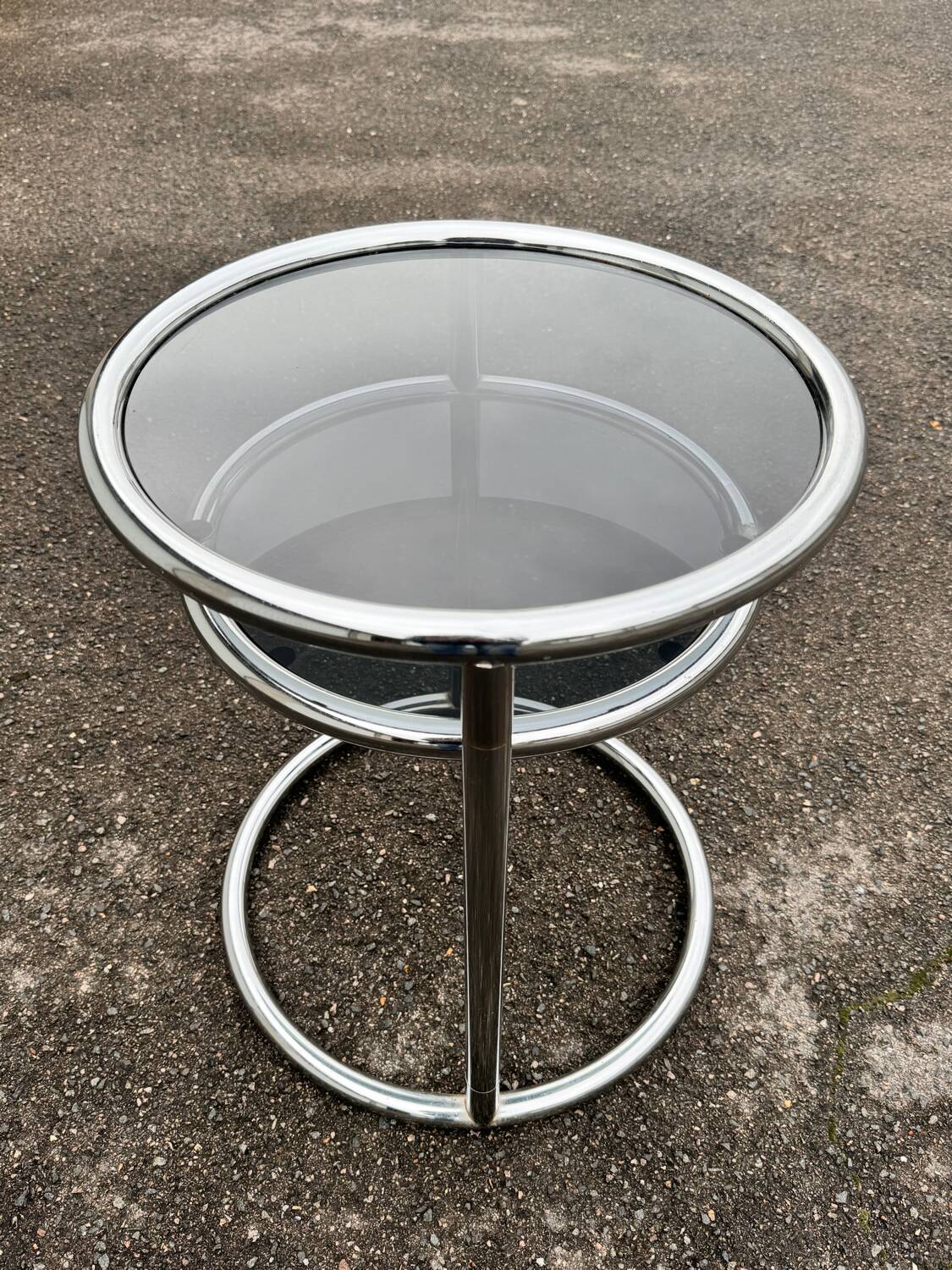 Side table with 2 shelves in chromed metal and smoked glass, circa 1970