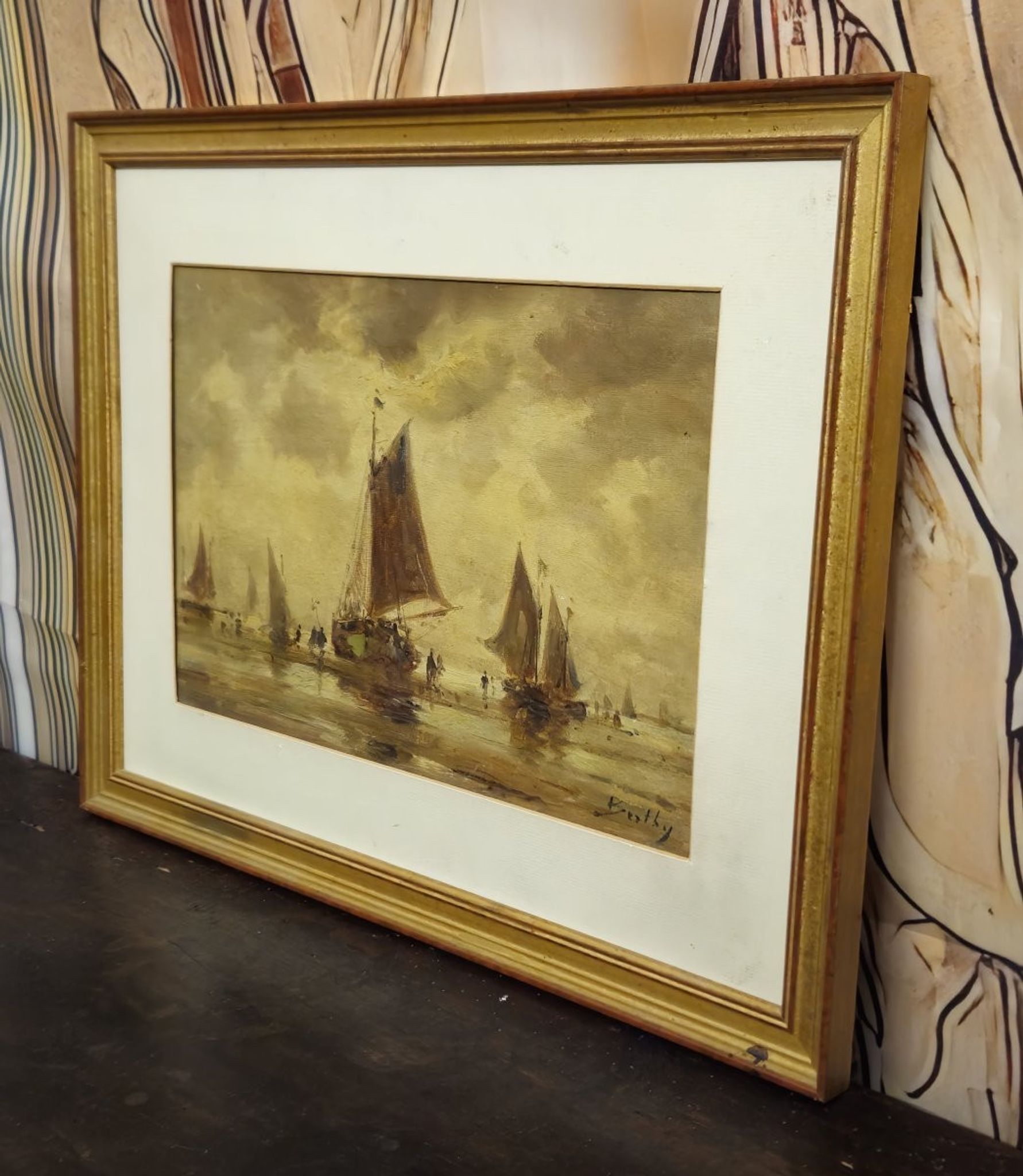 Oil on canvas antique – seascape with sailing boats – signed Bentley