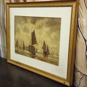 Oil on canvas antique – seascape with sailing boats – signed Bentley