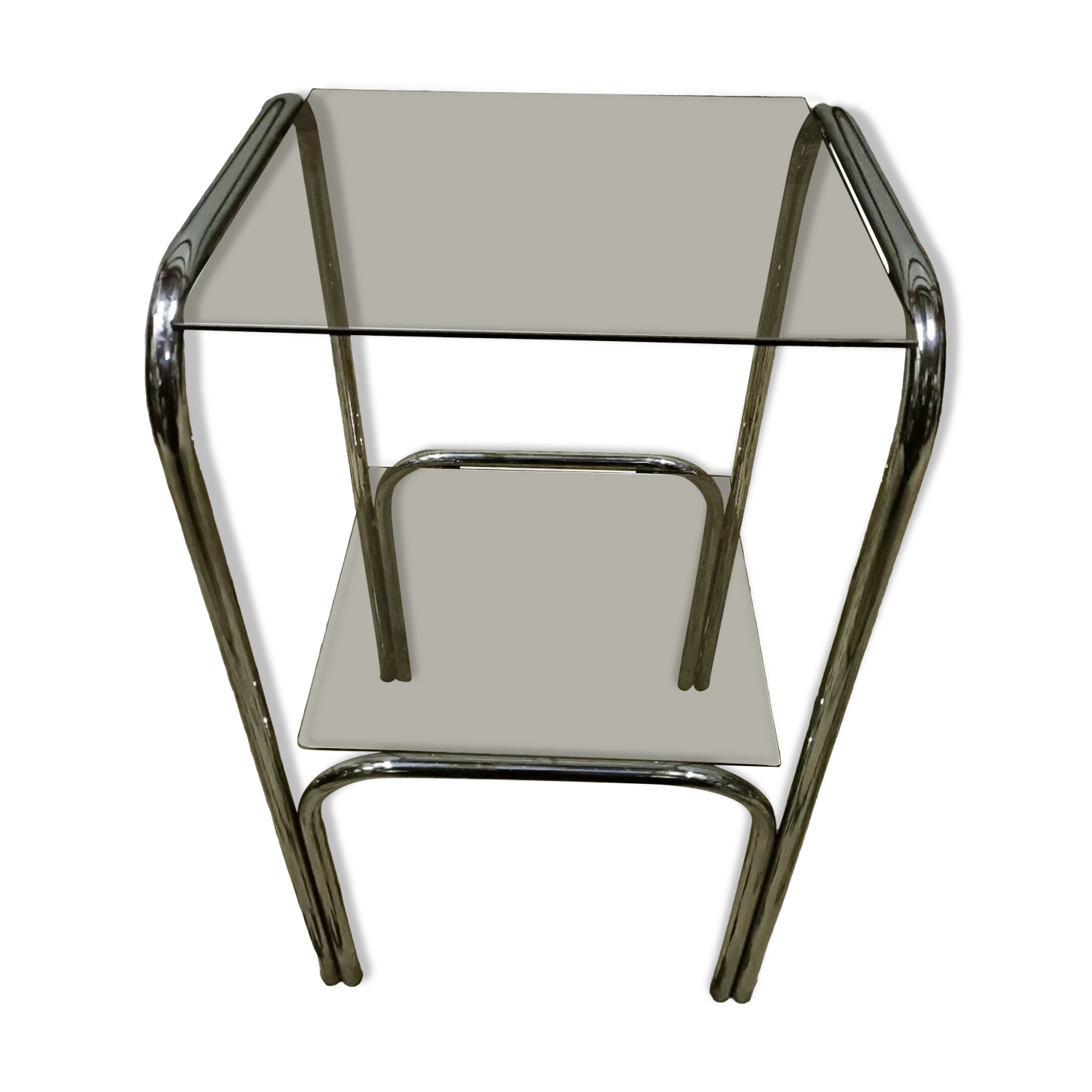 Vintage pedestal table, smoked glasses