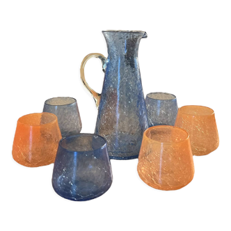 Set of 6 glasses and carafe in cracked blown glass