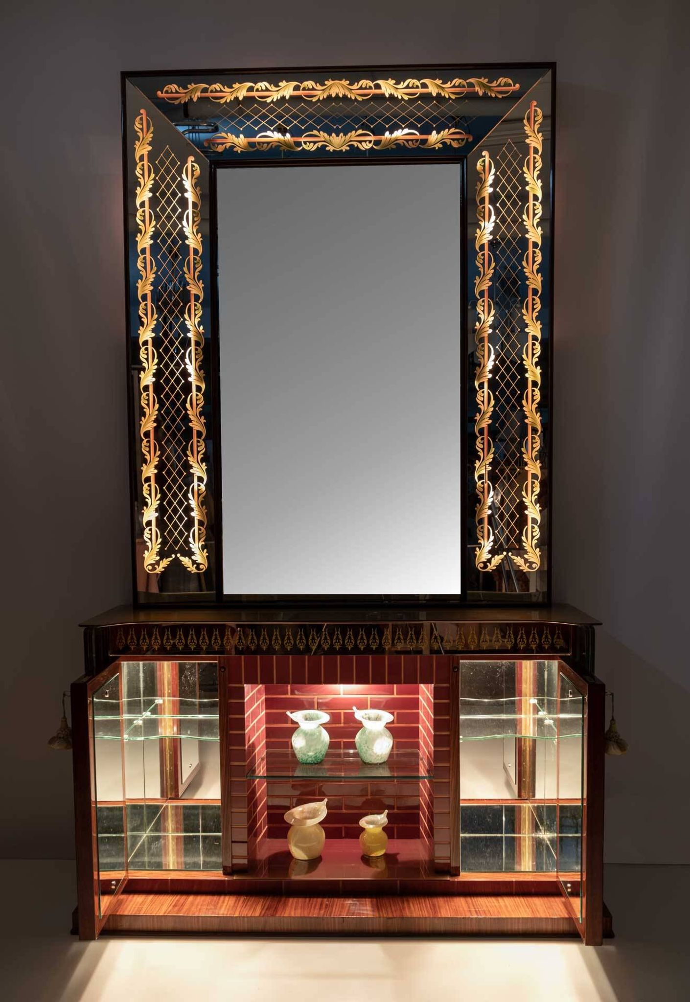Luigi Brusotti Mid-Century Modern Italian Bar Cabinet with Decorated Mirror