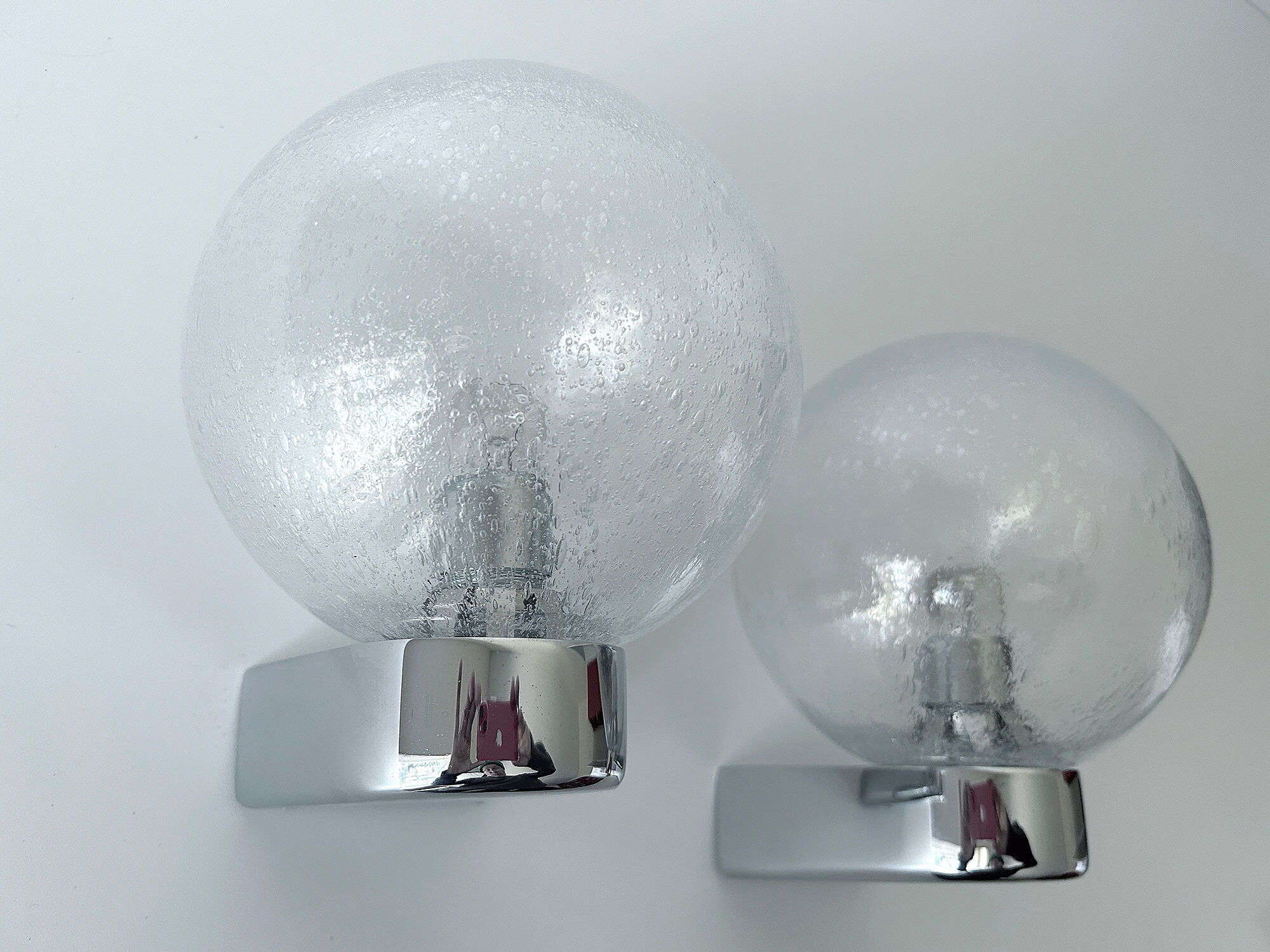 Vintage 70s wall lamps, chrome and bubble glass