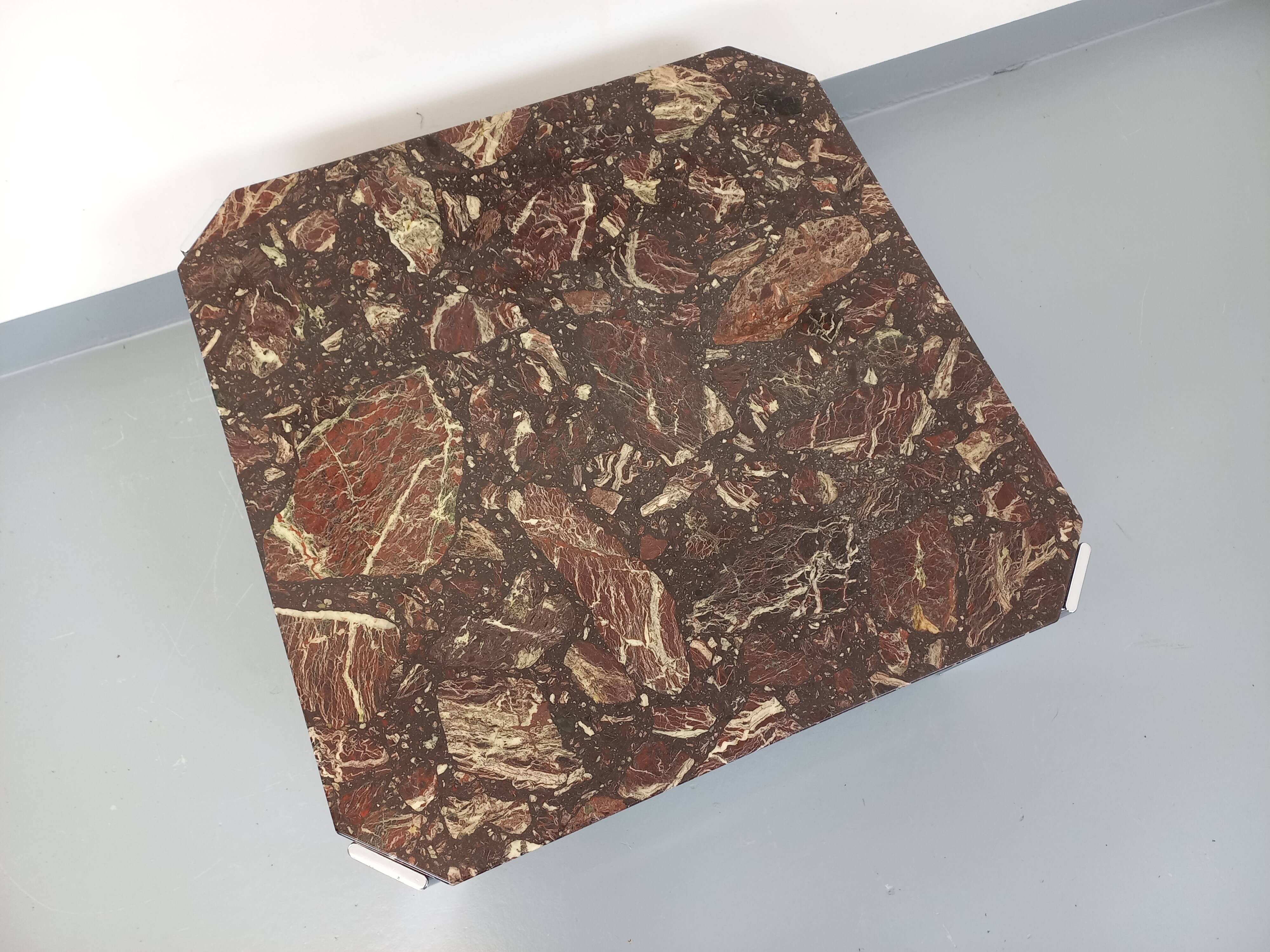 Vintage square coffee table in marble and chrome metal from the 70s