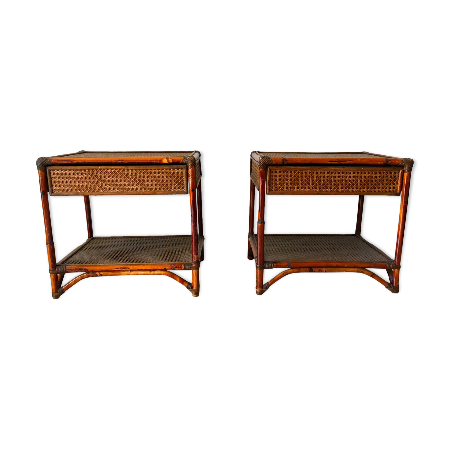 2 vintage rattan bedside tables 70's