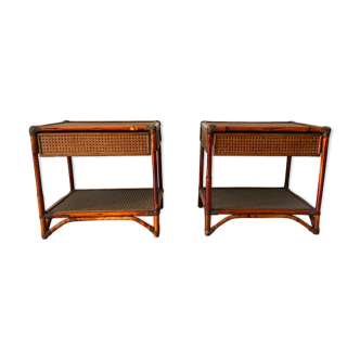 2 vintage rattan bedside tables 70's