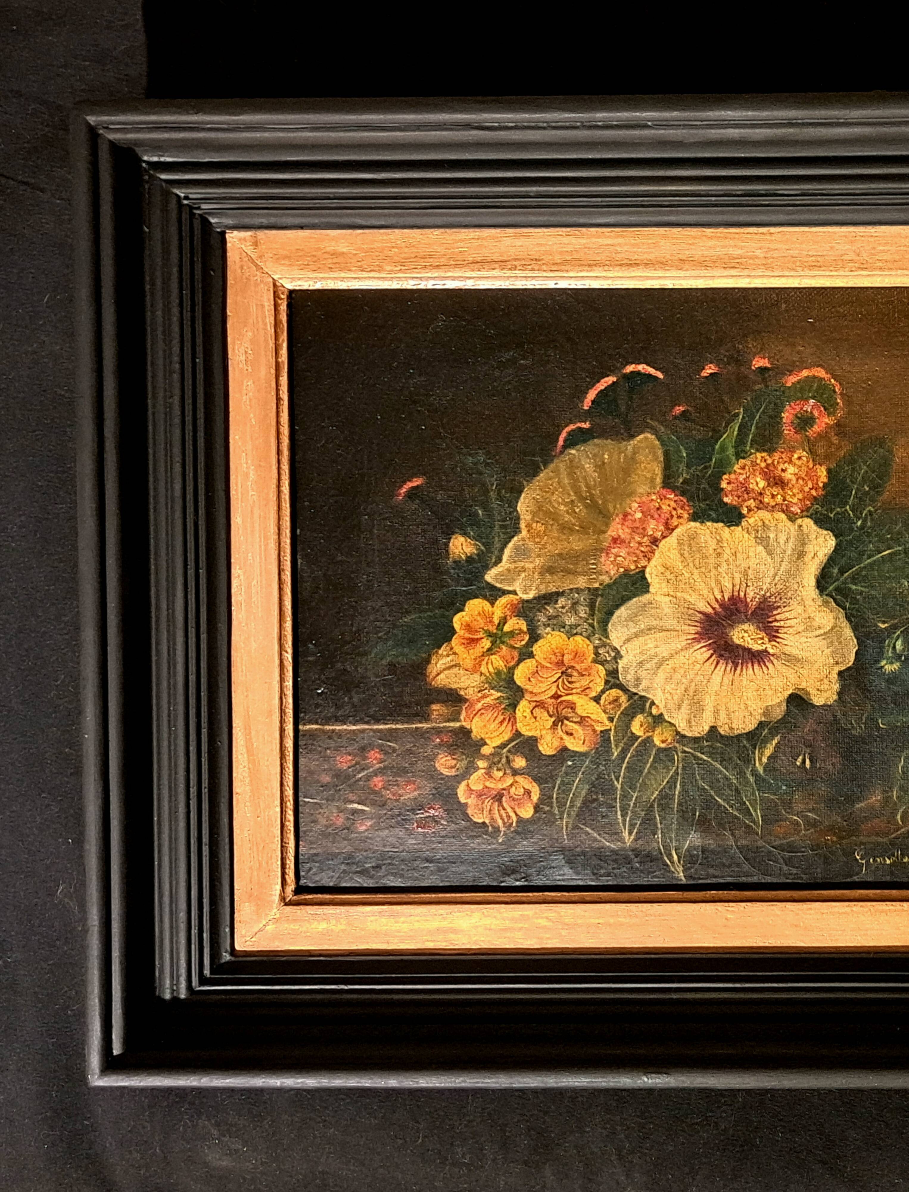 Romantic painting Oil on canvas signed still life Flemish style 19th century