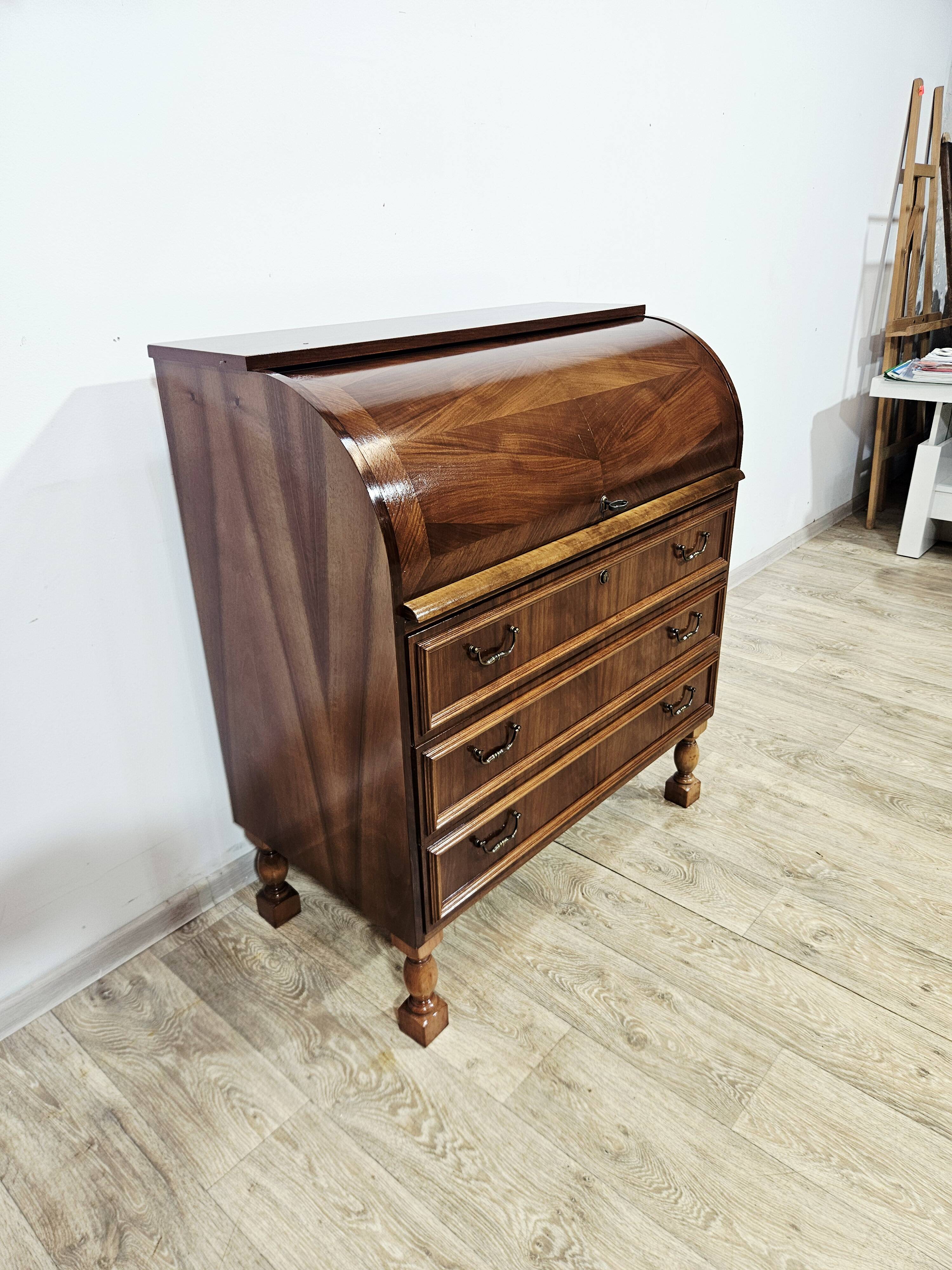 Walnut cylinder-roll-top secretary desk, 1970s.