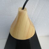 Two pendant lamps design black iron and light wood