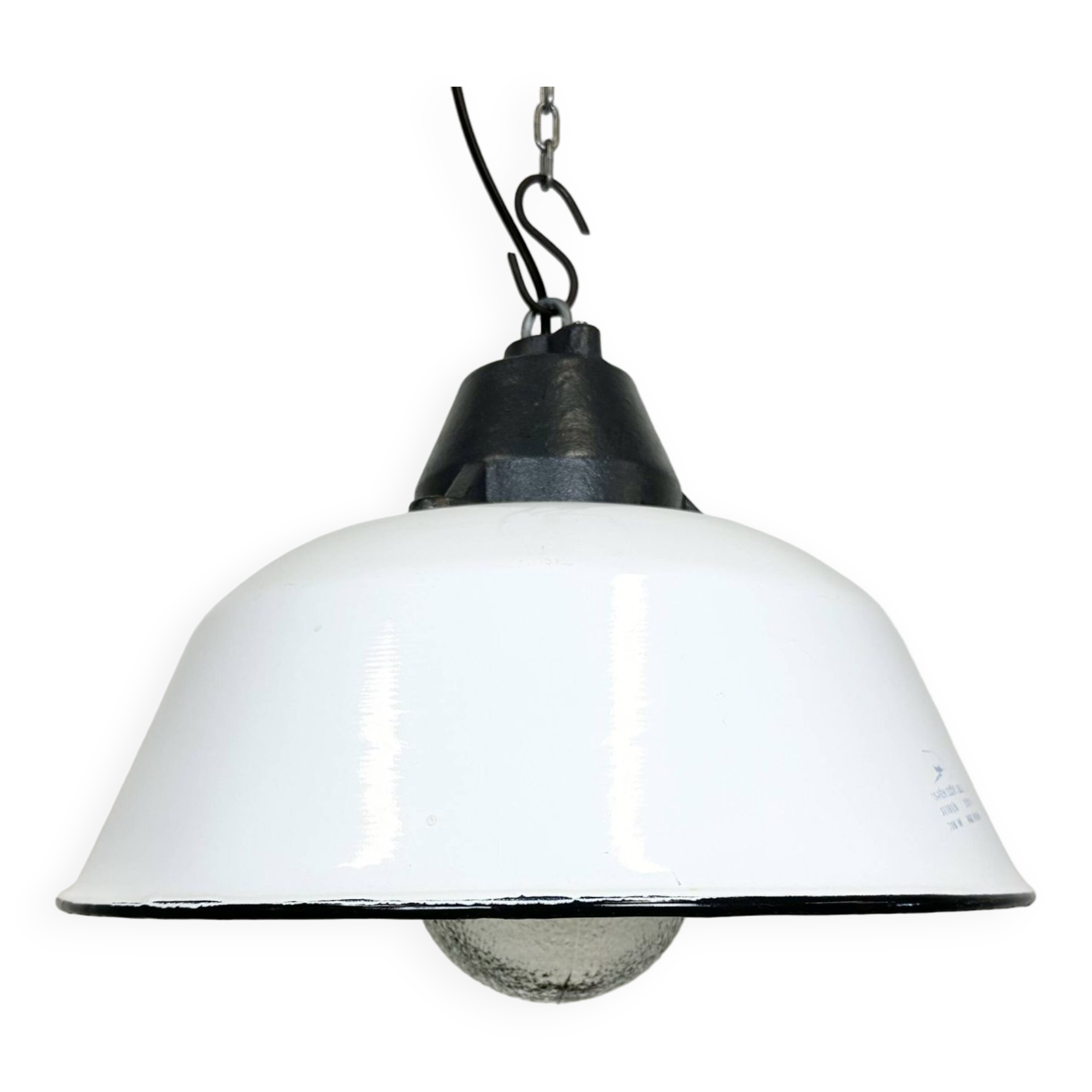 White enamel and cast iron industrial pendant light with glass cover, 1960s