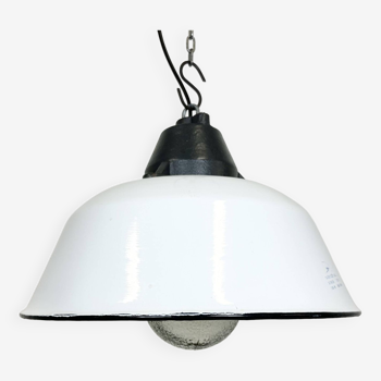 White enamel and cast iron industrial pendant light with glass cover, 1960s
