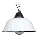 Suspension en émail blanc et fonte avec couvercle en verre, années 1960
