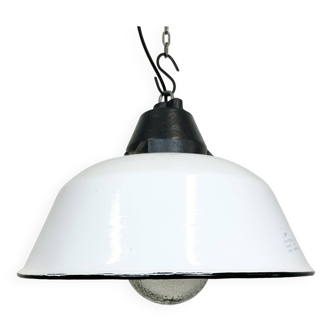 White enamel and cast iron industrial pendant light with glass cover, 1960s