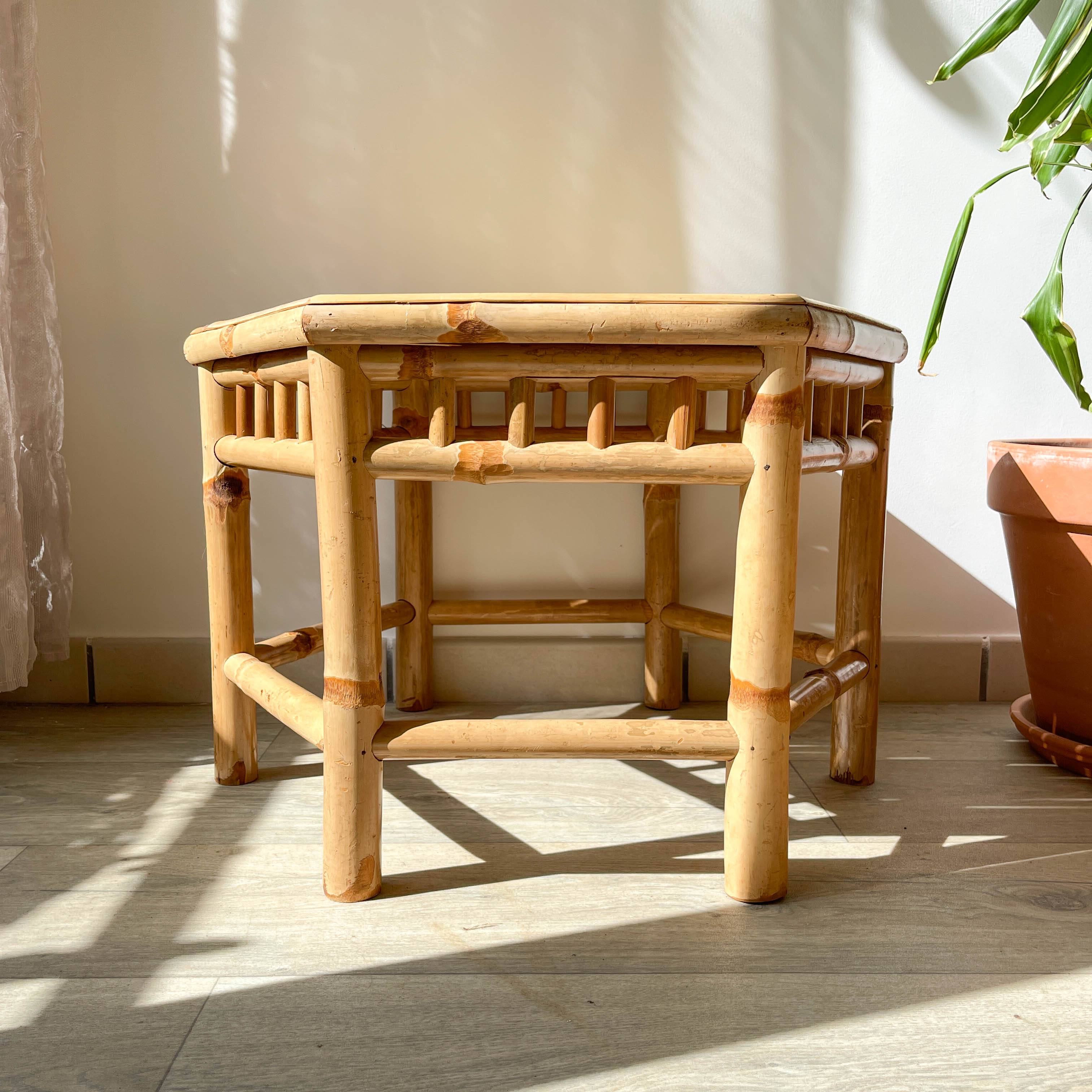 3 Vintage Bamboo Hexagonal Nesting Coffee Tables, 1970s