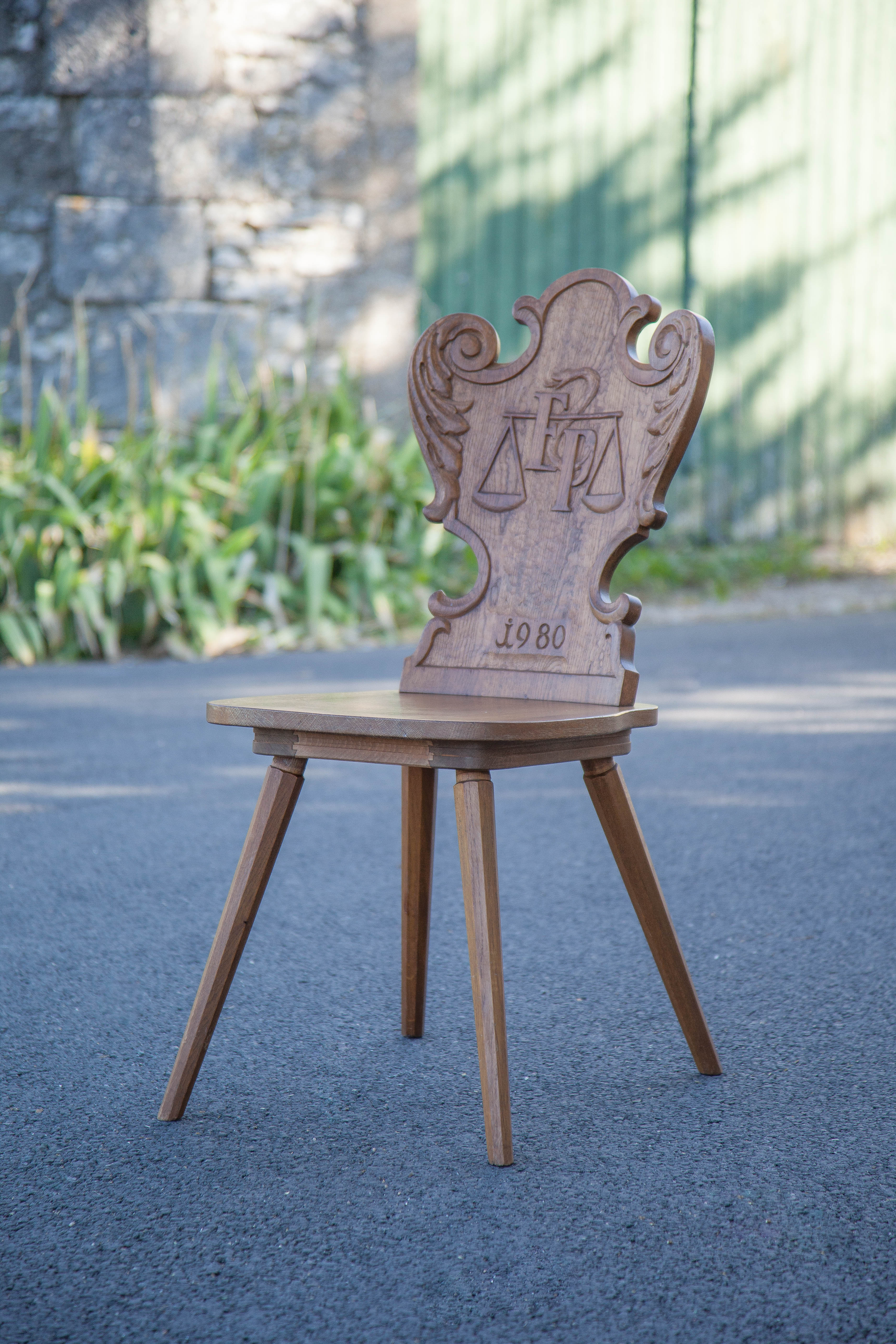 Set of 4 carved wooden stepladder chairs, pharmacy, brutalist, mountain style