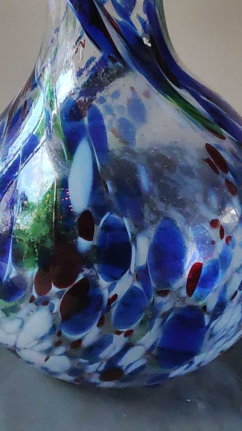 Designer Ball Vase in blown art glass, Murano style. Multi-colored speckles/smoke swirls. Dim 26 x 13 cm