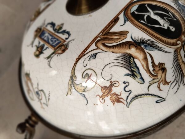 Lustre bronze, cuivre et faïence style gien