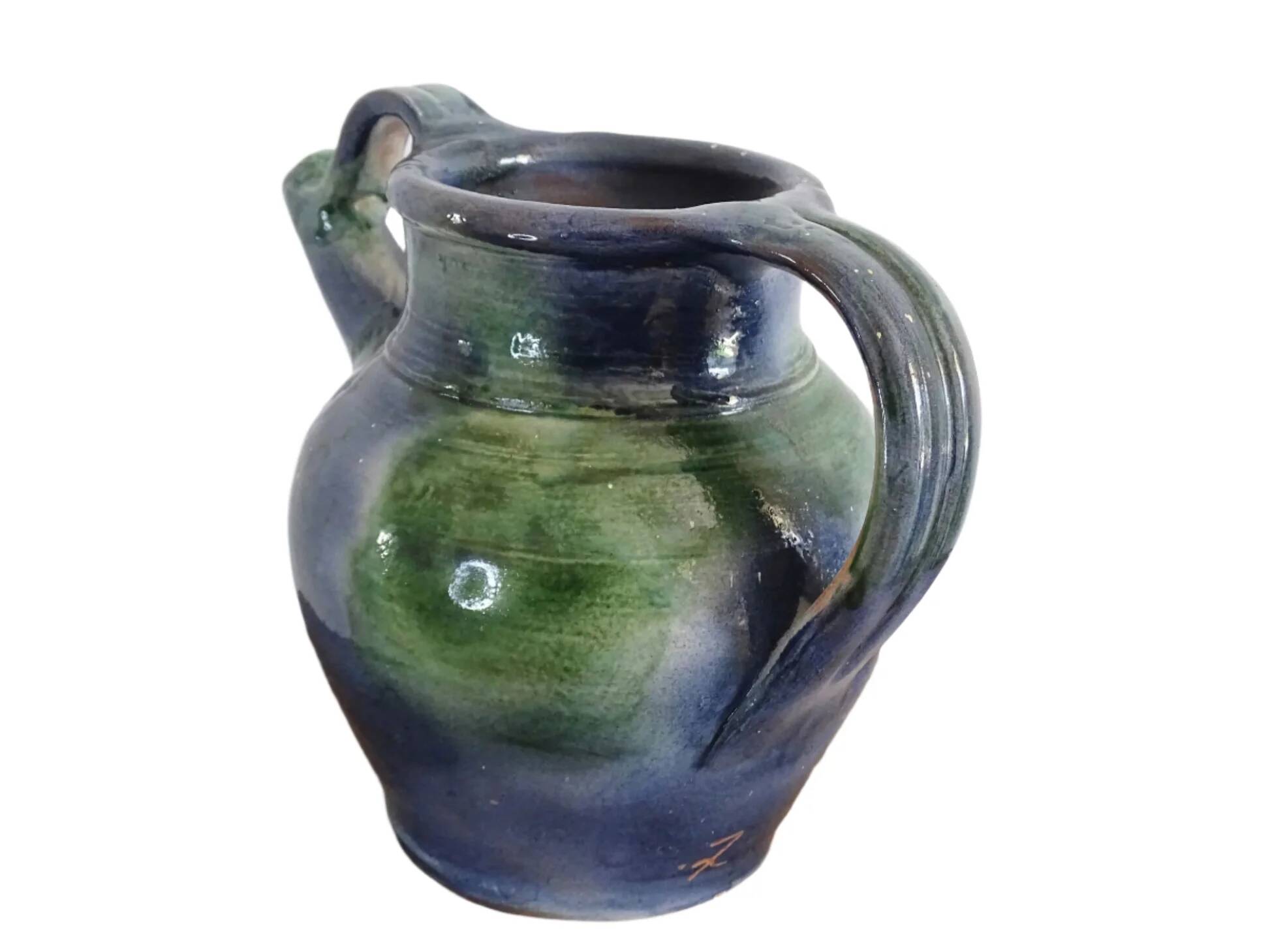 Cruche ou orjol en faïence française ancienne à glaçure bleue et verte