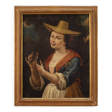 Italian Framework Portrait Of A Girl With A Goldfinch From 18th Century