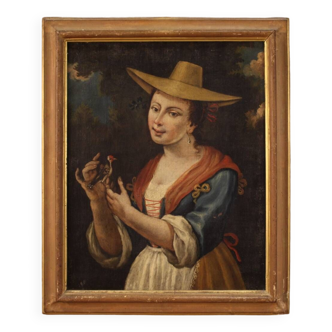 Italian Framework Portrait Of A Girl With A Goldfinch From 18th Century