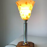 Ancienne lampe art déco en bois, verre et chrome