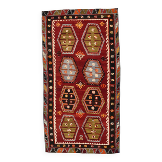Tapis Kilim Oriental rouge délavé 5x10, tissé à la main, style vintage, 1249