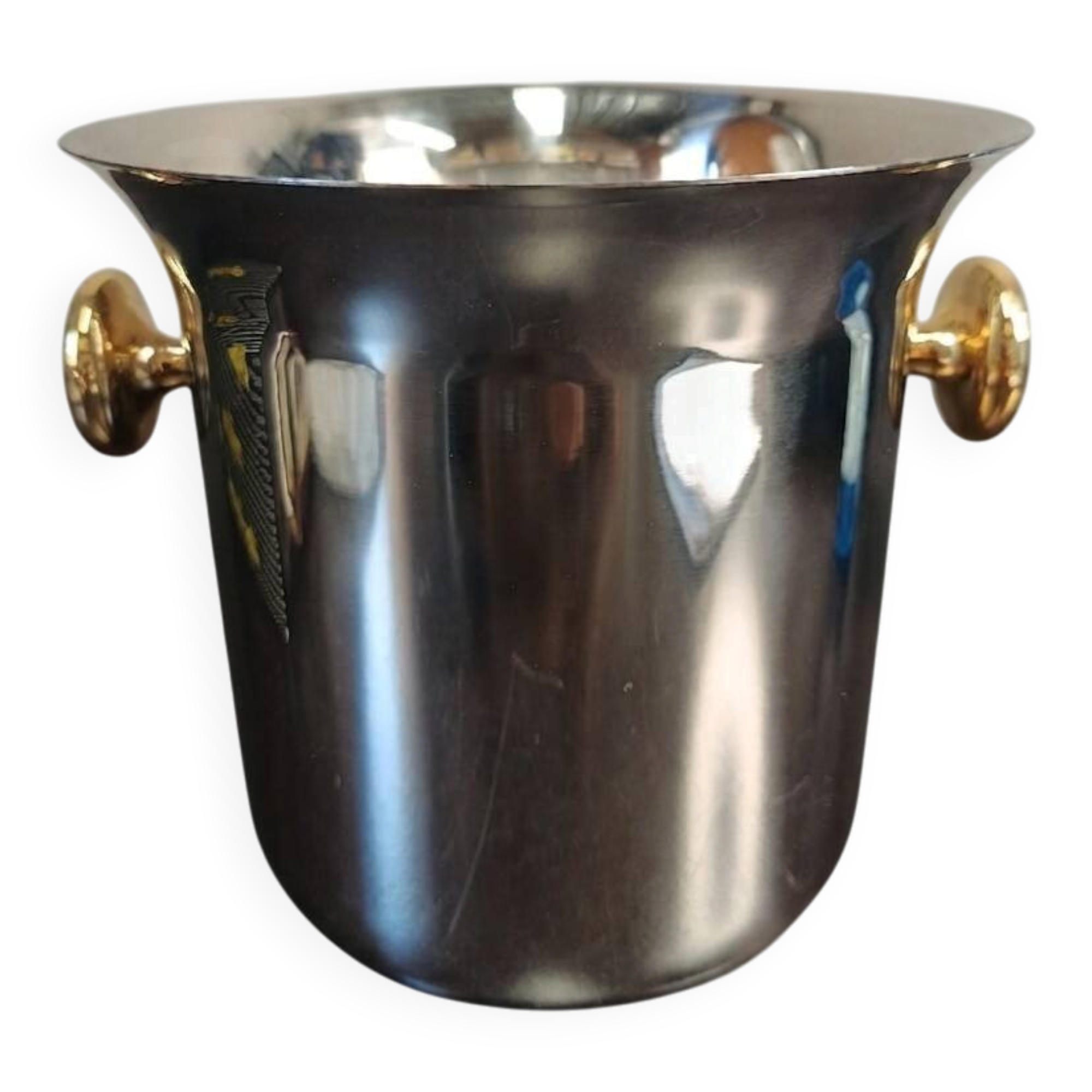 Elizabeth champagne bucket, SAF Inox, 18/10 stainless steel and Zecchino gold, 1970.