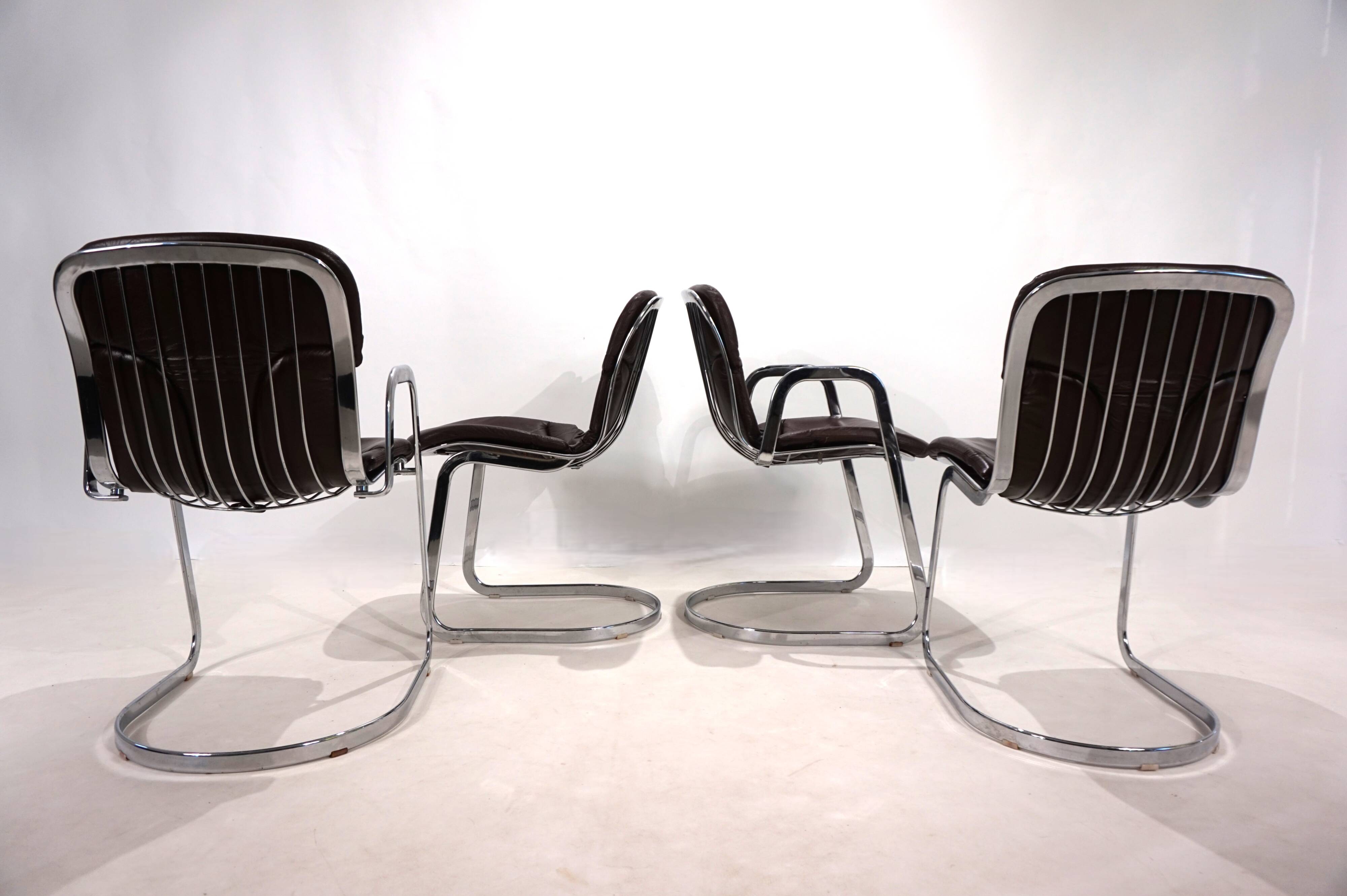 Set of four Cidue leather chrome cantilever chairs by Willy Rizzo, 1970
