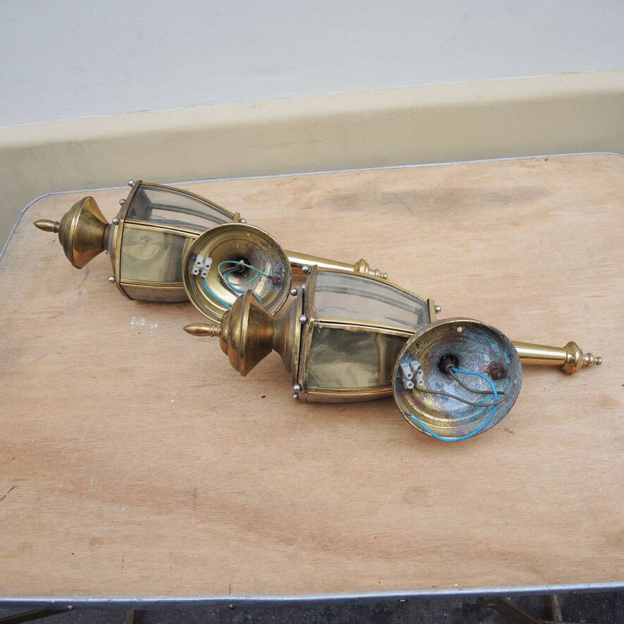 2 antique carriage lantern wall lights in brass & glass