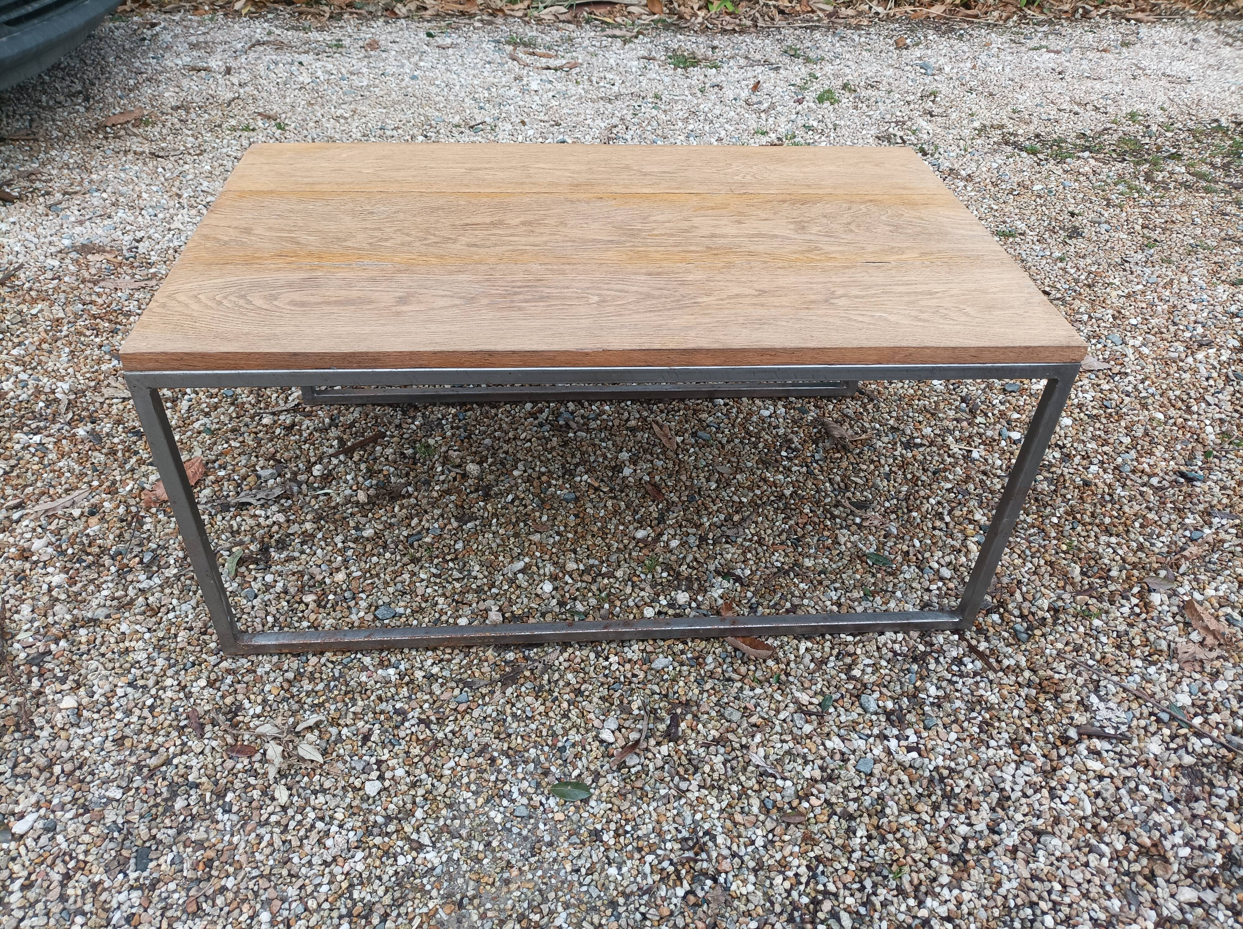 Solid wood living room coffee table with patinated metal legs