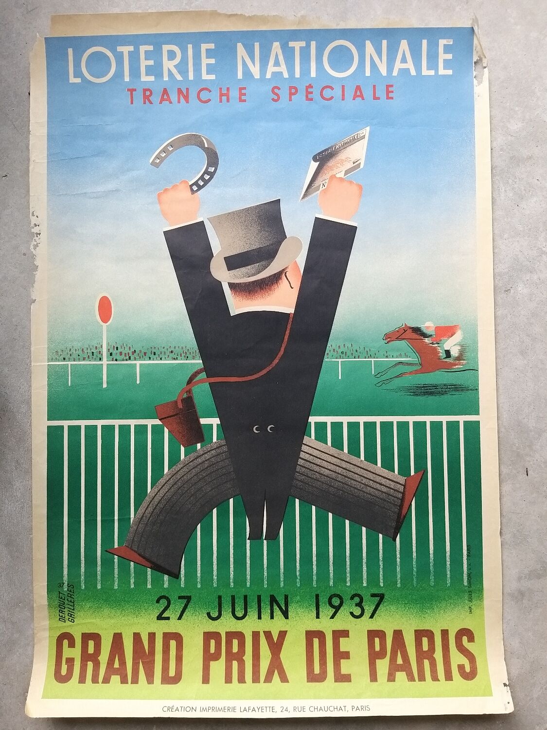 Original poster Loterie Grand Prix de Paris 1937 - Derouet Grilleres