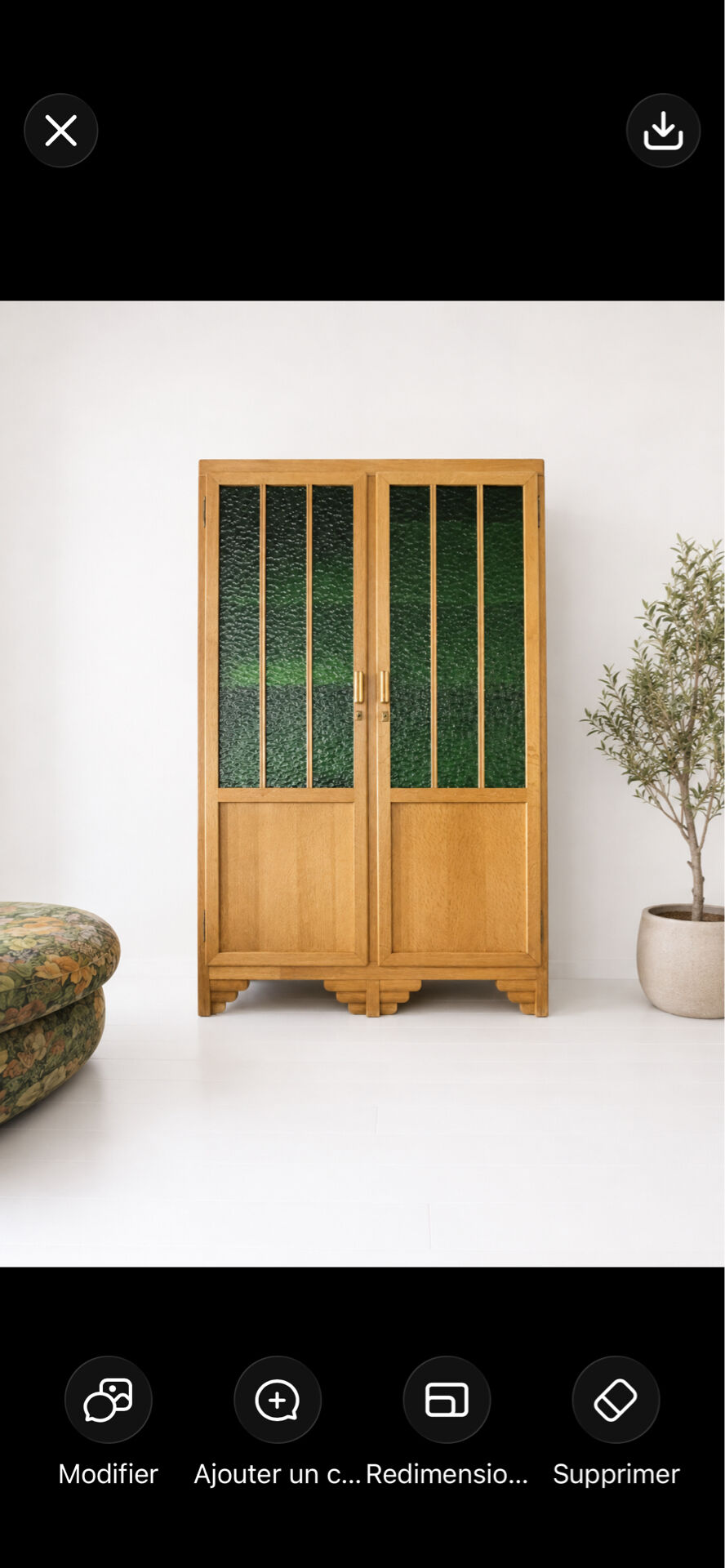 Art Deco wardrobe in oak and green cathedral glass - 1930s