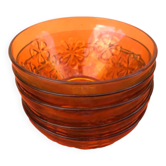 1970s 5 cups / bowls colored glass amber relief pattern daisy decoration