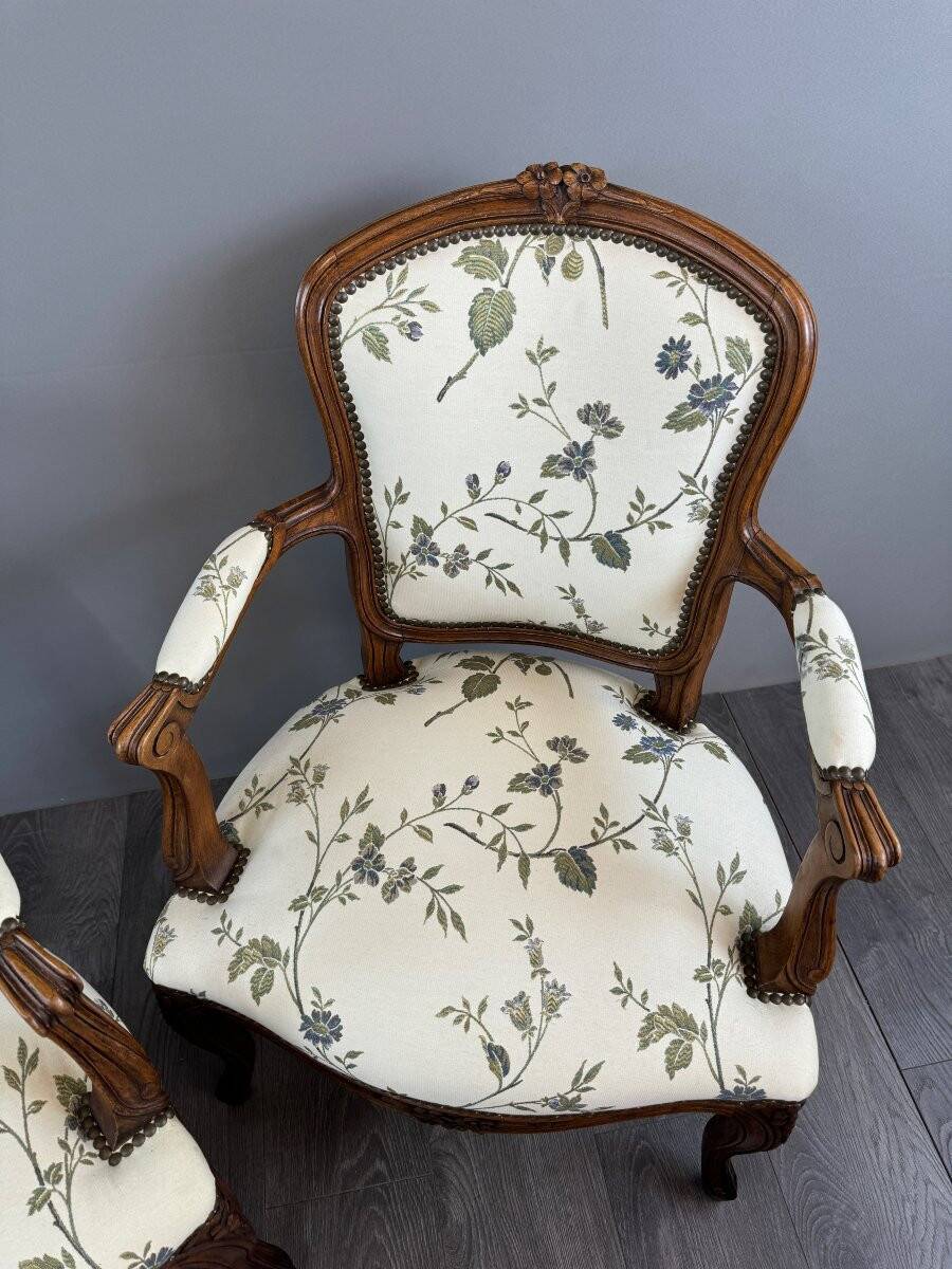Pair of Louis XV Style Armchairs and Two Footstools, 19th Century