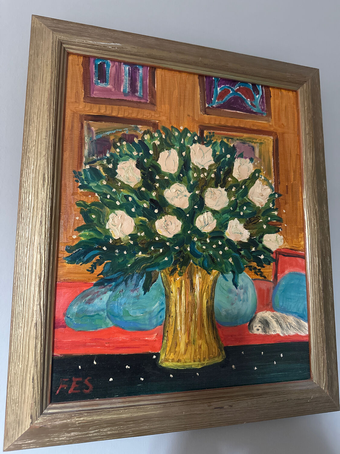 Oil on canvas signed FES – "Bouquet of roses with a small dog" – Style