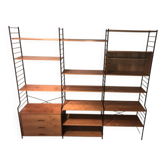 Vintage modular wall-mounted library shelf in blond walnut 1960-80