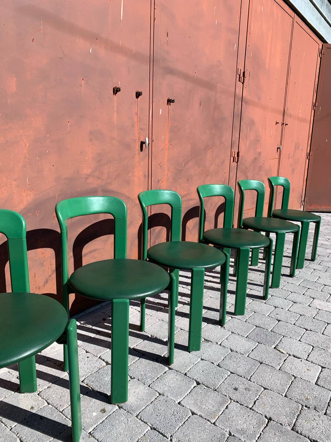 6 Bruno Rey Kush & co Green Stackable Chairs Circa 1970