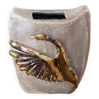 Vintage Ceramic Swan Vase, Studio Pottery Art, Rectangle Shape, Flying Bird