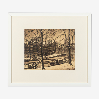 Amsterdam en hiver, Gravure N/B sur papier, 50 x 45 cm